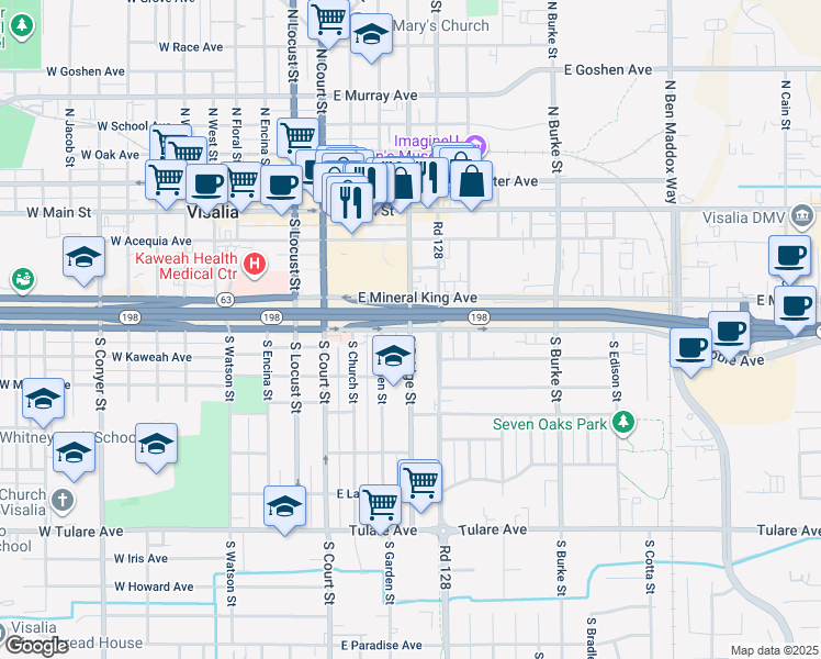 map of restaurants, bars, coffee shops, grocery stores, and more near E Noble Ave & S Bridge St in Visalia