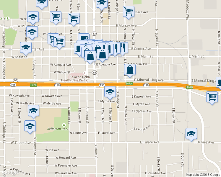 map of restaurants, bars, coffee shops, grocery stores, and more near E Noble Ave & S Garden St in Visalia