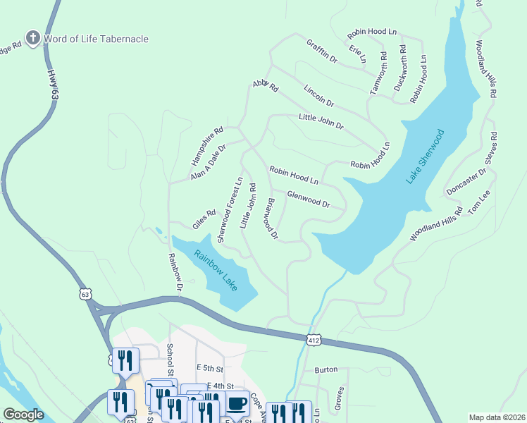map of restaurants, bars, coffee shops, grocery stores, and more near 127 Briarwood Drive in Hardy
