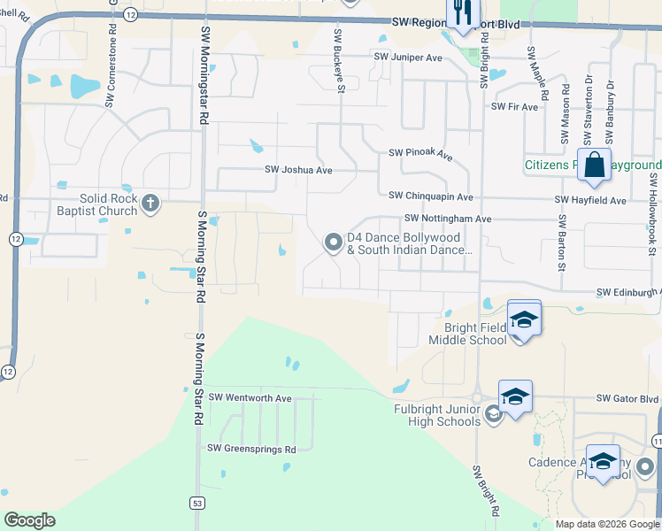 map of restaurants, bars, coffee shops, grocery stores, and more near 4402 Southwest Lilly Street in Bentonville