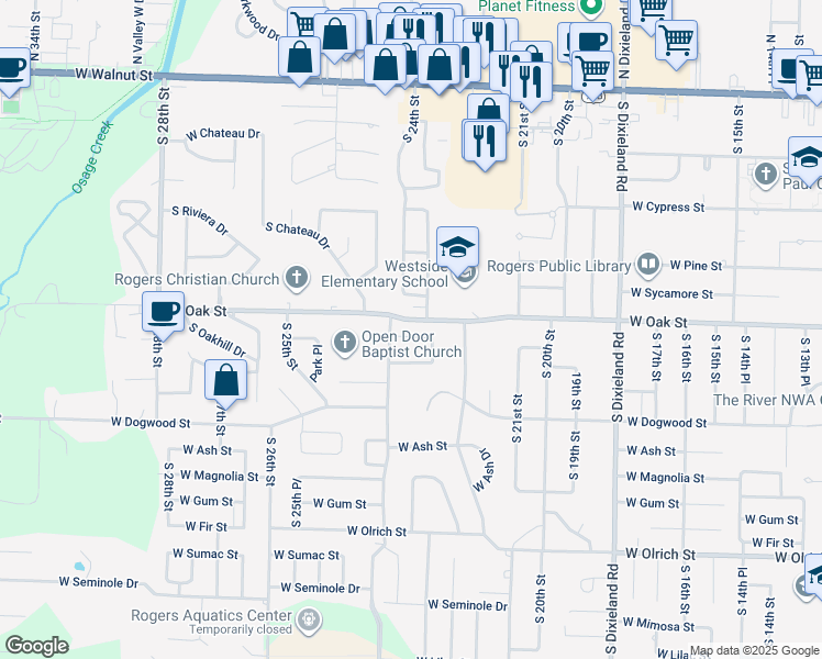 map of restaurants, bars, coffee shops, grocery stores, and more near 2311 West Birch Street in Rogers