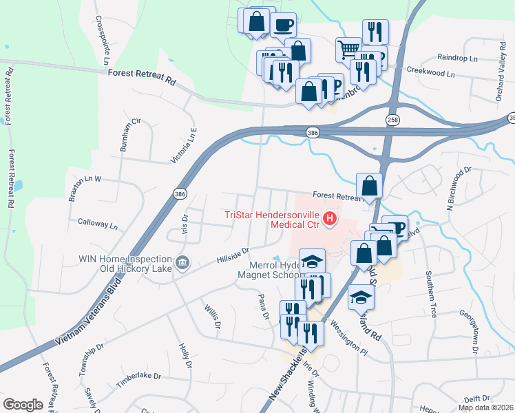 map of restaurants, bars, coffee shops, grocery stores, and more near 121 Overlook Drive in Hendersonville