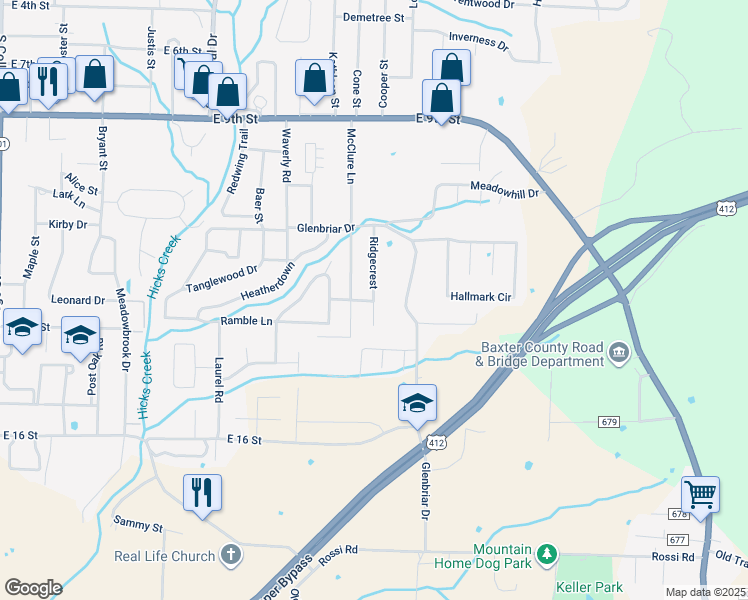 map of restaurants, bars, coffee shops, grocery stores, and more near 1198 Ridgecrest in Mountain Home