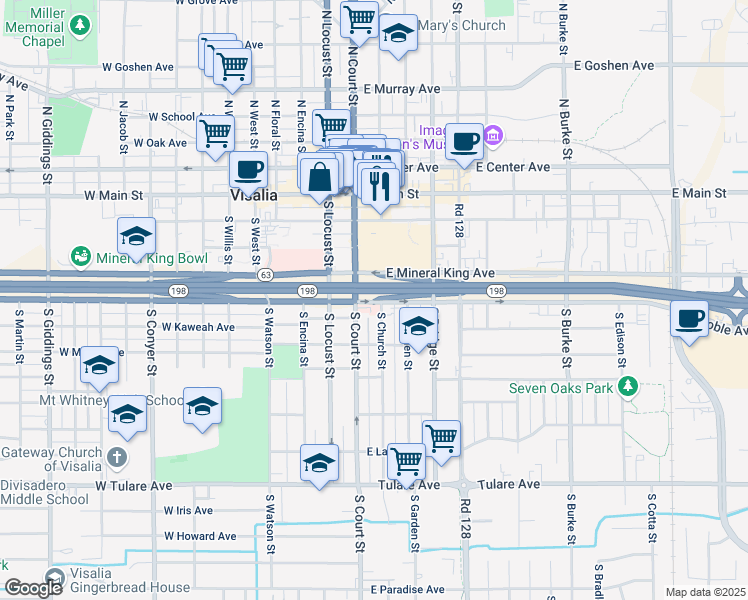 map of restaurants, bars, coffee shops, grocery stores, and more near 100 East Mineral King Avenue in Visalia