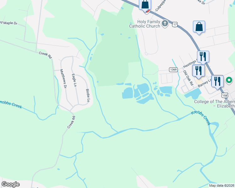map of restaurants, bars, coffee shops, grocery stores, and more near 417 Hastings Lane in Elizabeth City