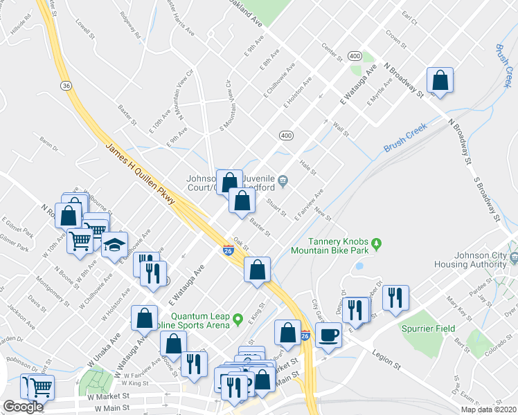 map of restaurants, bars, coffee shops, grocery stores, and more near 400 Stuart Street in Johnson City