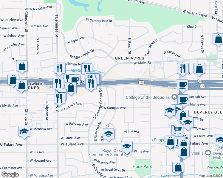map of restaurants, bars, coffee shops, grocery stores, and more near 443 South Whitney Drive in Visalia