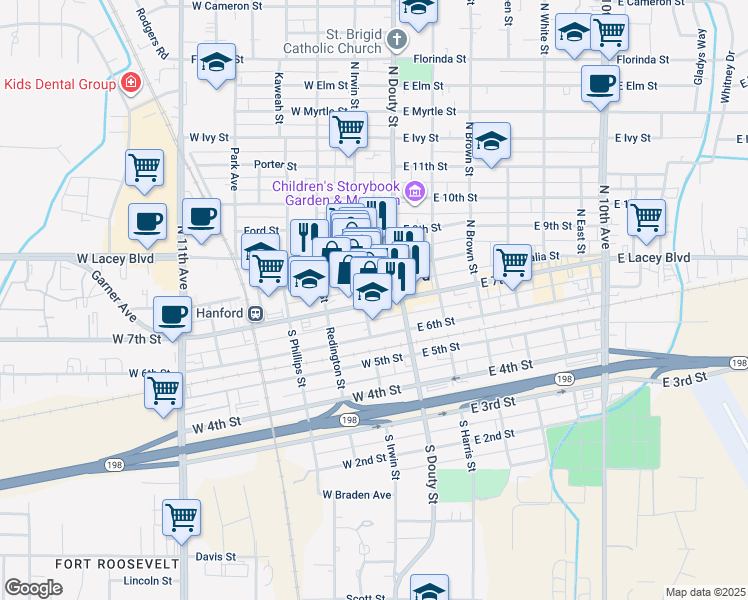 map of restaurants, bars, coffee shops, grocery stores, and more near 122 West 7th Street in Hanford
