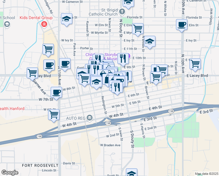 map of restaurants, bars, coffee shops, grocery stores, and more near 200 West 7th Street in Hanford