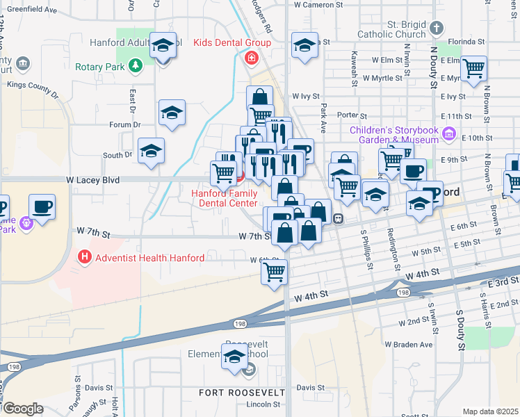 map of restaurants, bars, coffee shops, grocery stores, and more near 730 Vaughn St in Hanford