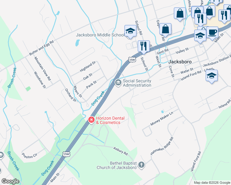 map of restaurants, bars, coffee shops, grocery stores, and more near in Jacksboro