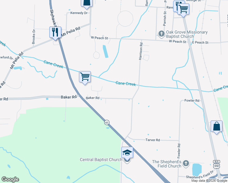 map of restaurants, bars, coffee shops, grocery stores, and more near 640 Baker Road in Martin