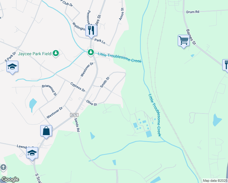 map of restaurants, bars, coffee shops, grocery stores, and more near 301 Broad Street in Reidsville