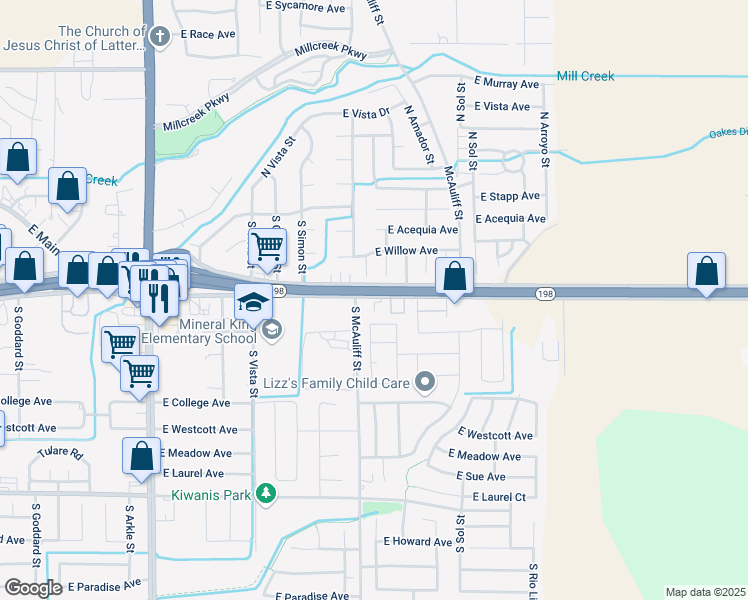 map of restaurants, bars, coffee shops, grocery stores, and more near 3785 East Noble Avenue in Visalia