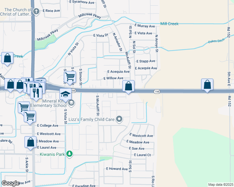 map of restaurants, bars, coffee shops, grocery stores, and more near 348 South Wind Court in Visalia