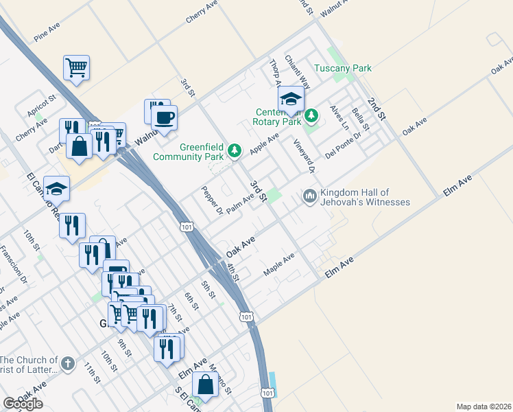 map of restaurants, bars, coffee shops, grocery stores, and more near 307 Las Manzanitas Drive in Greenfield