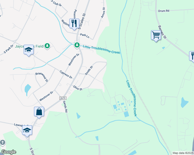 map of restaurants, bars, coffee shops, grocery stores, and more near 301 Broad Street in Reidsville