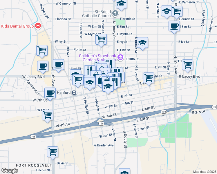 map of restaurants, bars, coffee shops, grocery stores, and more near 214 North Irwin Street in Hanford