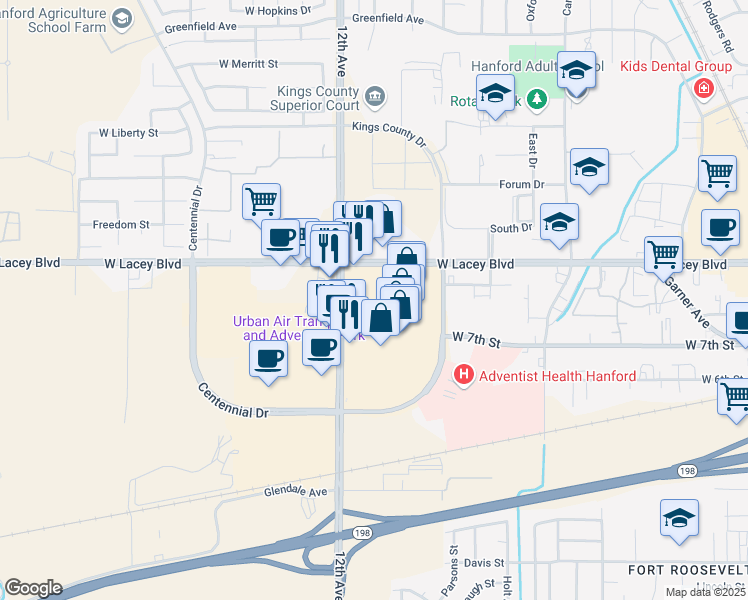 map of restaurants, bars, coffee shops, grocery stores, and more near 1677 West Lacey Boulevard in Hanford
