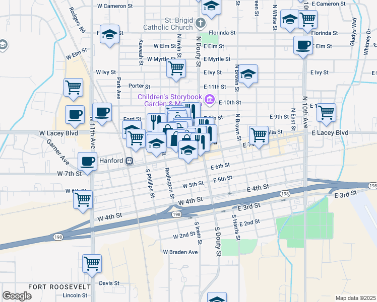 map of restaurants, bars, coffee shops, grocery stores, and more near 122 West 7th Street in Hanford