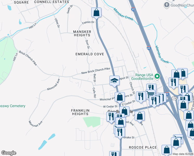 map of restaurants, bars, coffee shops, grocery stores, and more near 417 Bell Street in Goodlettsville