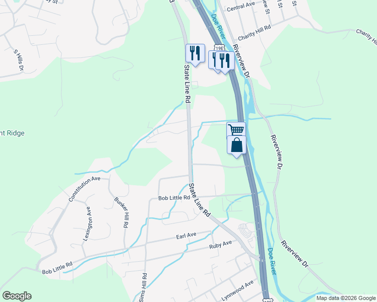 map of restaurants, bars, coffee shops, grocery stores, and more near South Pine Street in Elizabethton