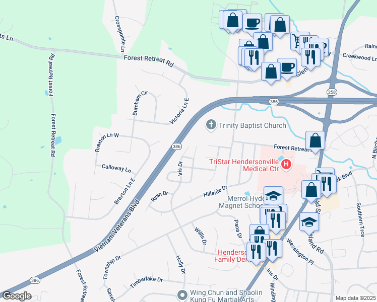 map of restaurants, bars, coffee shops, grocery stores, and more near 280 Iris Drive in Hendersonville