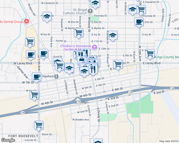 map of restaurants, bars, coffee shops, grocery stores, and more near in Hanford