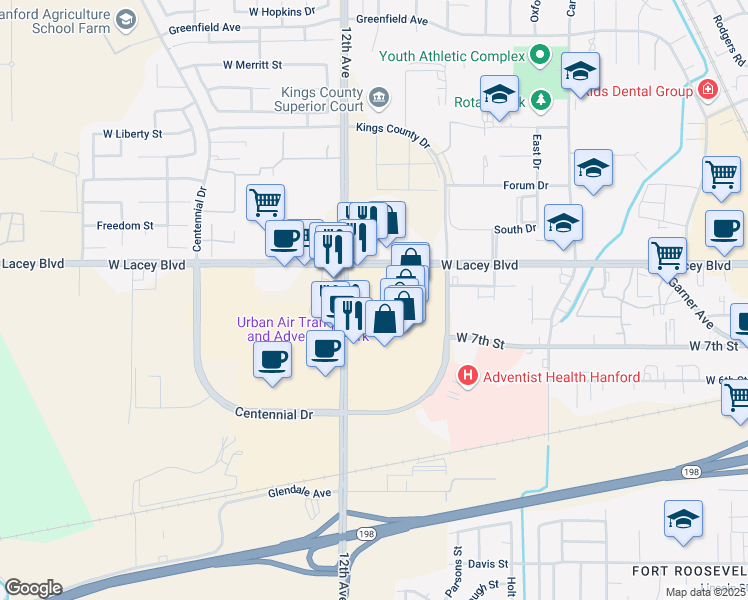map of restaurants, bars, coffee shops, grocery stores, and more near 1677 West Lacey Boulevard in Hanford