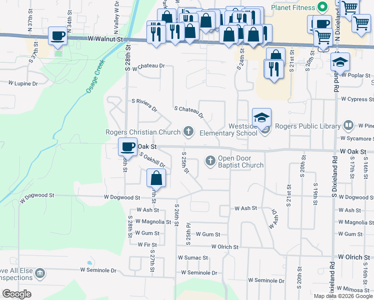 map of restaurants, bars, coffee shops, grocery stores, and more near 2416 West Oak Street in Rogers