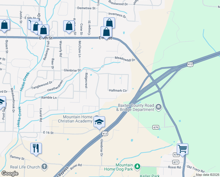 map of restaurants, bars, coffee shops, grocery stores, and more near 1301 Hallmark Circle in Mountain Home