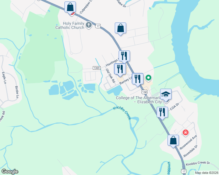 map of restaurants, bars, coffee shops, grocery stores, and more near 207 Oakwood Lane in Elizabeth City