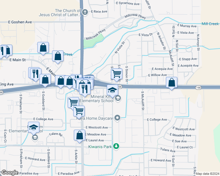 map of restaurants, bars, coffee shops, grocery stores, and more near 3247 East Noble Avenue in Visalia