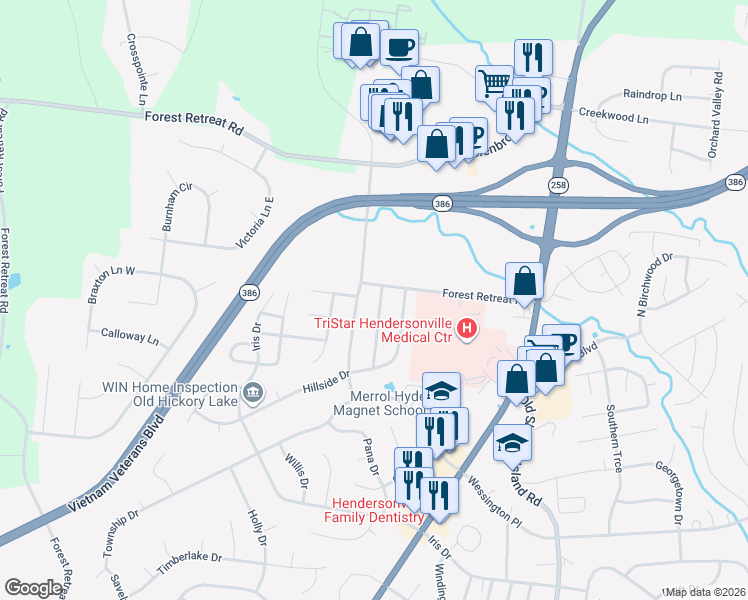 map of restaurants, bars, coffee shops, grocery stores, and more near 121 Overlook Dr in Hendersonville