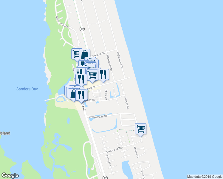 map of restaurants, bars, coffee shops, grocery stores, and more near 794 Mercury Road in Corolla