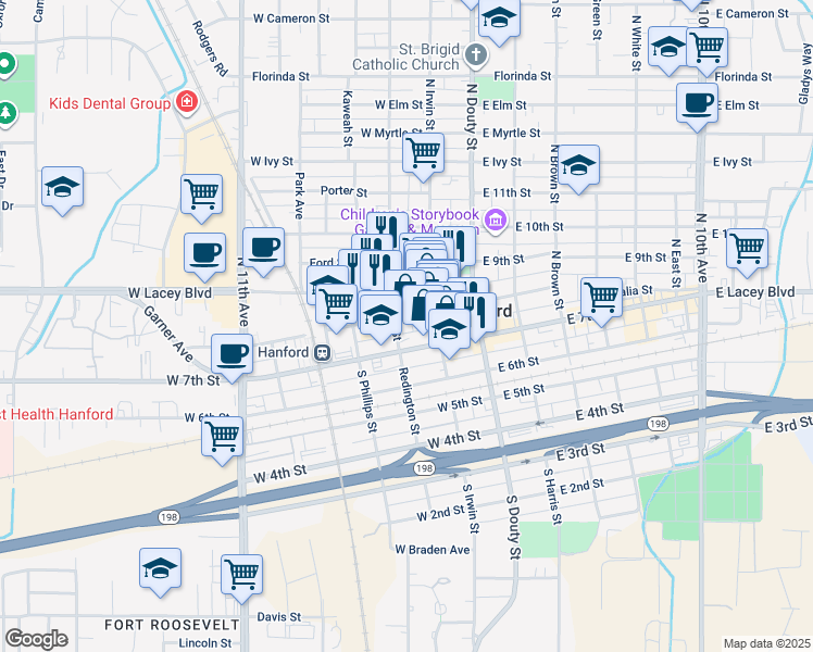 map of restaurants, bars, coffee shops, grocery stores, and more near 295 North Redington Street in Hanford
