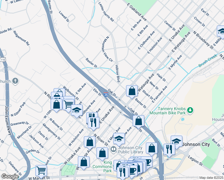 map of restaurants, bars, coffee shops, grocery stores, and more near 401 E Holston Ave in Johnson City