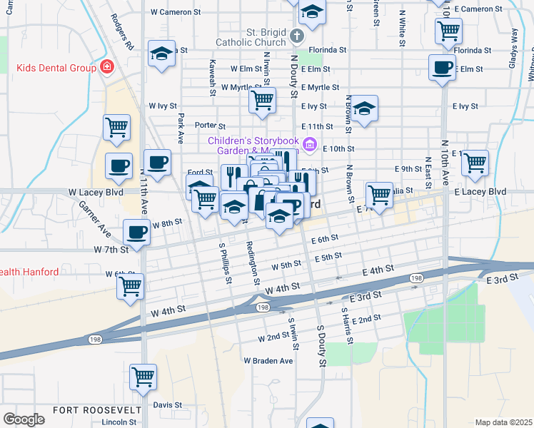 map of restaurants, bars, coffee shops, grocery stores, and more near 214 North Irwin Street in Hanford