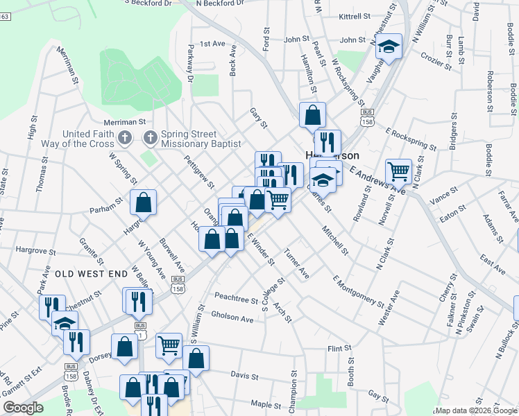 map of restaurants, bars, coffee shops, grocery stores, and more near 125 Wyche Street in Henderson