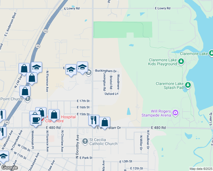 map of restaurants, bars, coffee shops, grocery stores, and more near 1820 Lexington Road in Claremore