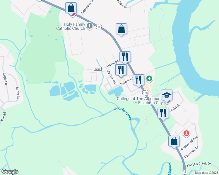 map of restaurants, bars, coffee shops, grocery stores, and more near 207 Oakwood Lane in Elizabeth City