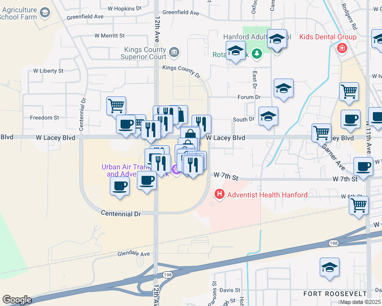 map of restaurants, bars, coffee shops, grocery stores, and more near 1679 West Lacey Boulevard in Hanford