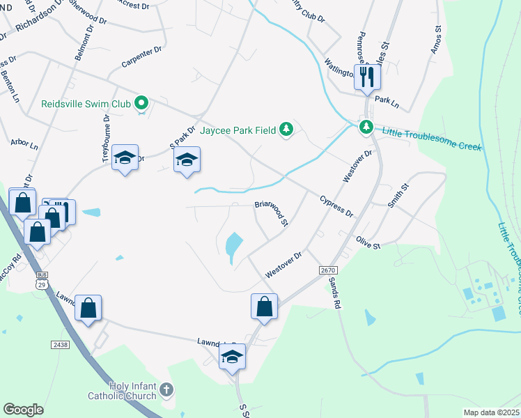 map of restaurants, bars, coffee shops, grocery stores, and more near 710 Frazier Lane in Reidsville