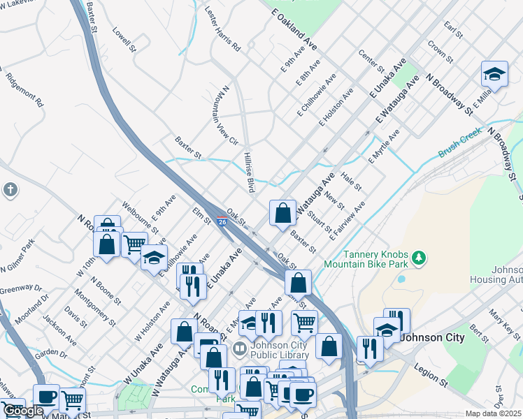 map of restaurants, bars, coffee shops, grocery stores, and more near 605 Baxter Street in Johnson City