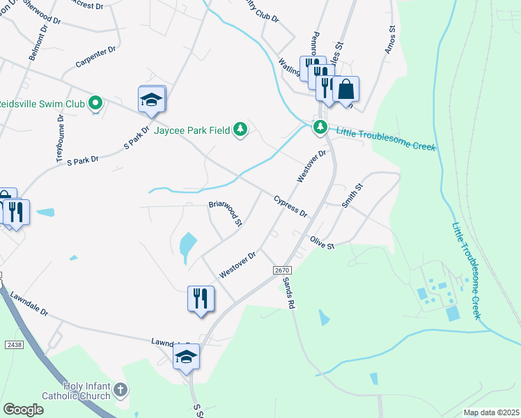 map of restaurants, bars, coffee shops, grocery stores, and more near 2305 Lemar Drive in Reidsville