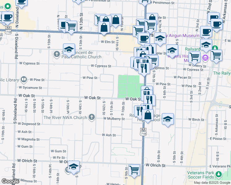 map of restaurants, bars, coffee shops, grocery stores, and more near 830 South 11th Street in Rogers