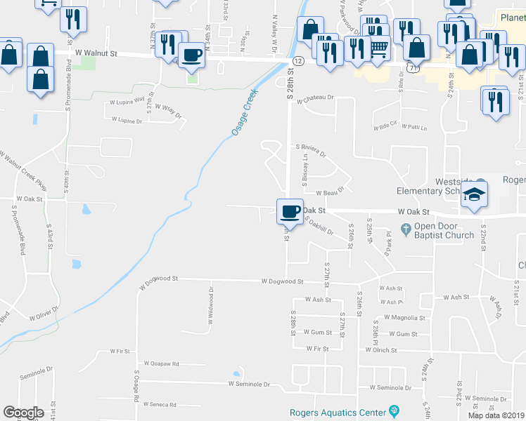 map of restaurants, bars, coffee shops, grocery stores, and more near 903 South Lafayette Street in Rogers
