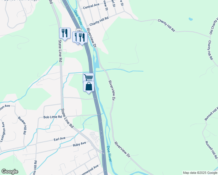 map of restaurants, bars, coffee shops, grocery stores, and more near 1210 Riverview Drive in Elizabethton