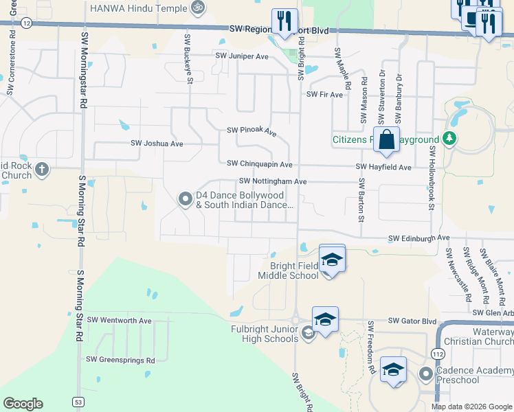 map of restaurants, bars, coffee shops, grocery stores, and more near 4603 Southwest Swinton Drive in Bentonville