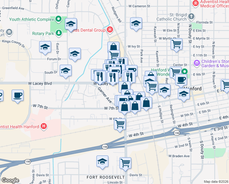 map of restaurants, bars, coffee shops, grocery stores, and more near 730 Vaughn Street in Hanford